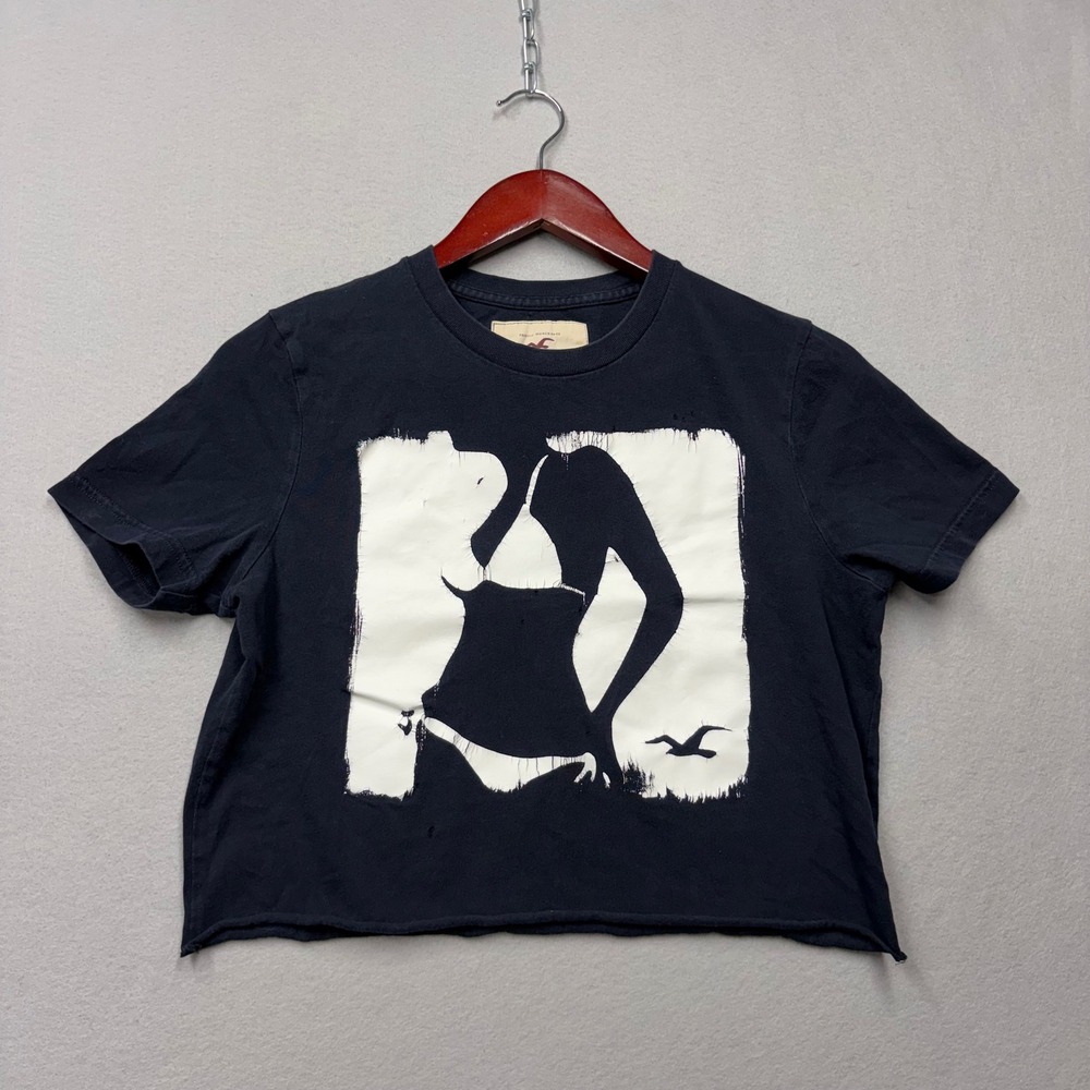 Hollister Graphic Tee Women S Black Bikini Silhouette Y2K Raw Hem Distressed